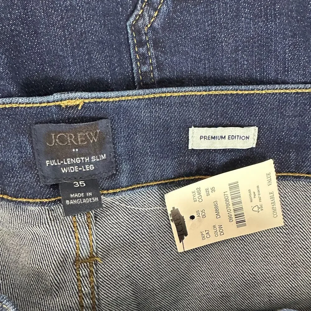 J.Crew Slim Wide Leg Sailor Jean All Day Stretch Dark Denim Wash Blue US 35 NWT